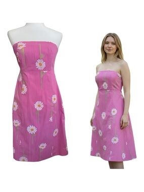 Vintage Lilly Pulitzer Strapless Pink Floral Dress Empire Waist Daisy 90s Y2K 6